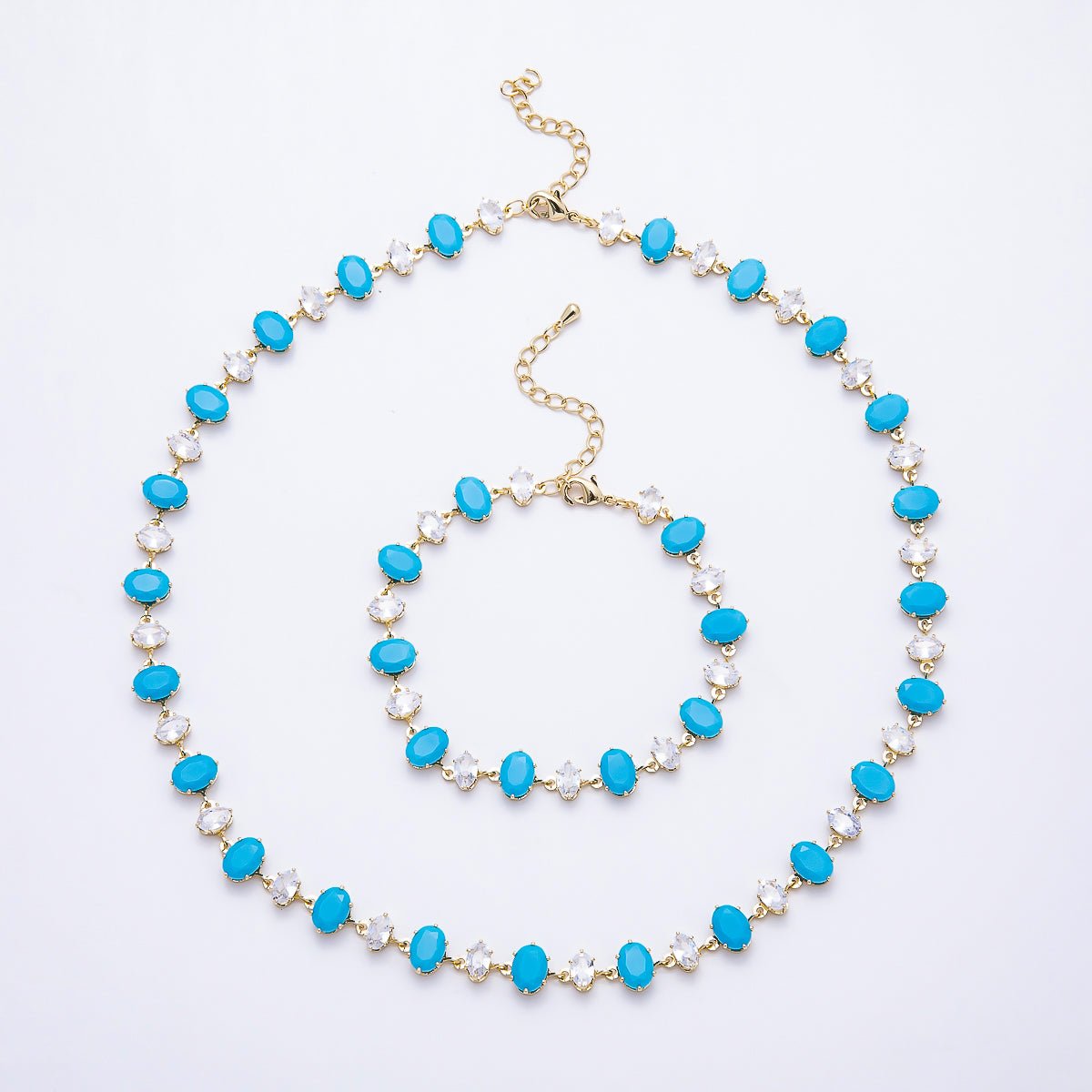16K Gold Filled 9mm Oval Turquoise & Marquise CZ Station 17 Inch Necklace and Bracelet Set | WA-00418 - DLUXCA