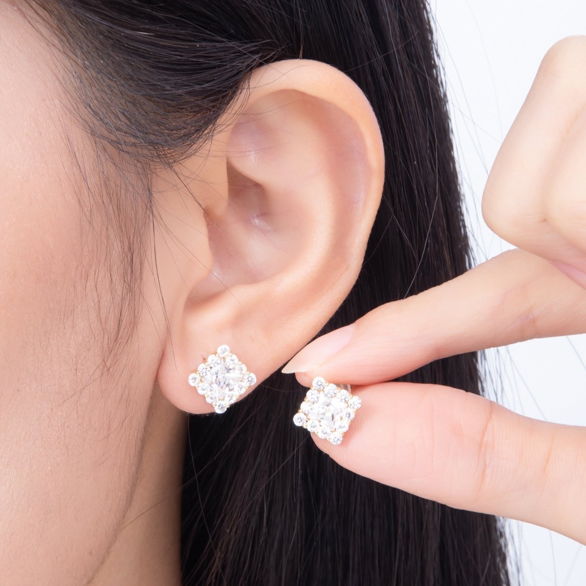 16K Gold Filled 9mm Square Baguette Micro Paved CZ Stud in Gold & Silver | Earrings-00777 Earrings-00778 - DLUXCA