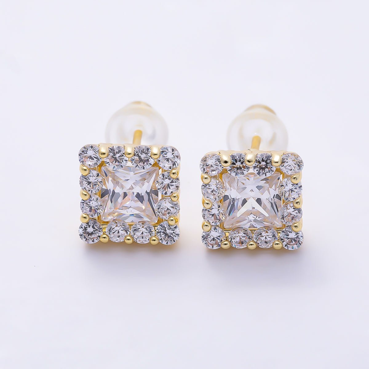 16K Gold Filled 9mm Square Baguette Micro Paved CZ Stud in Gold & Silver | Earrings-00777 Earrings-00778 - DLUXCA