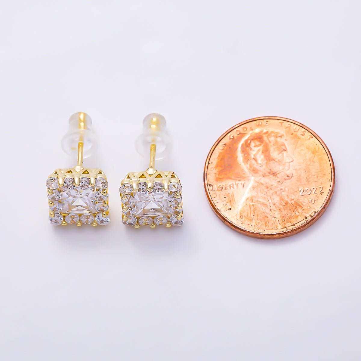 16K Gold Filled 9mm Square Baguette Micro Paved CZ Stud in Gold & Silver | Earrings-00777 Earrings-00778 - DLUXCA