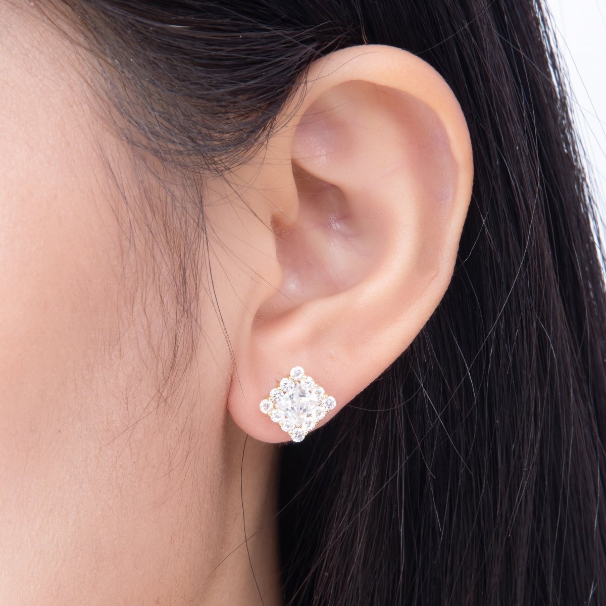16K Gold Filled 9mm Square Baguette Micro Paved CZ Stud in Gold & Silver | Earrings-00777 Earrings-00778 - DLUXCA