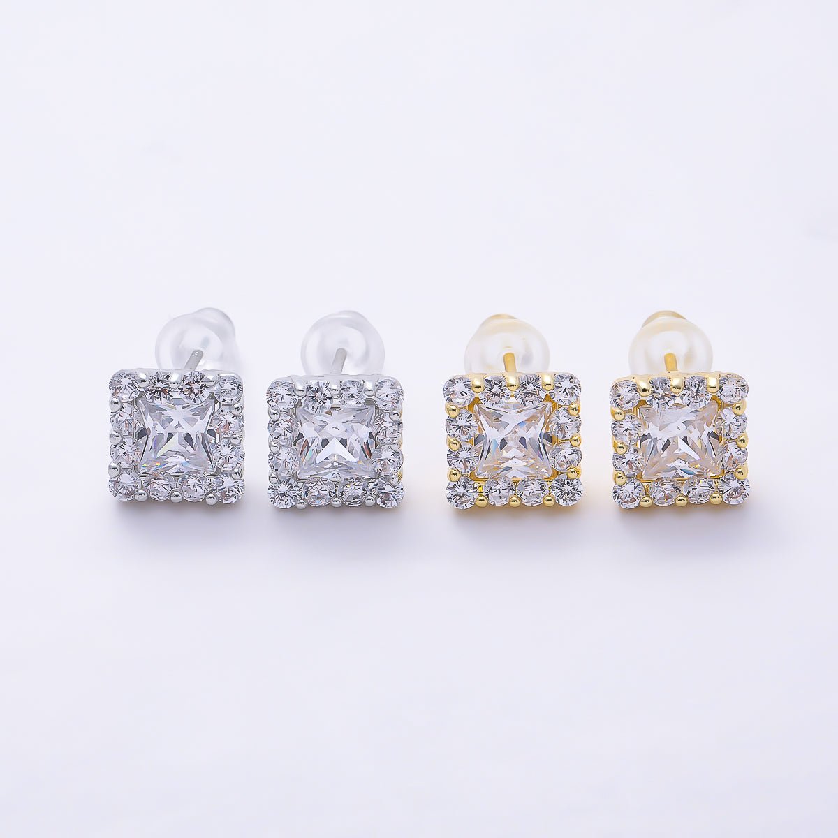 16K Gold Filled 9mm Square Baguette Micro Paved CZ Stud in Gold & Silver | Earrings-00777 Earrings-00778 - DLUXCA