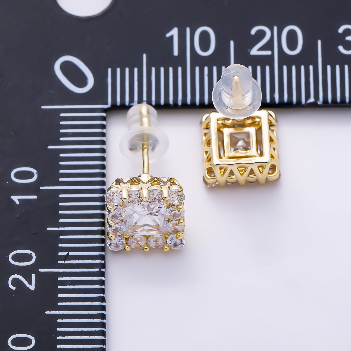 16K Gold Filled 9mm Square Baguette Micro Paved CZ Stud in Gold & Silver | Earrings-00777 Earrings-00778 - DLUXCA