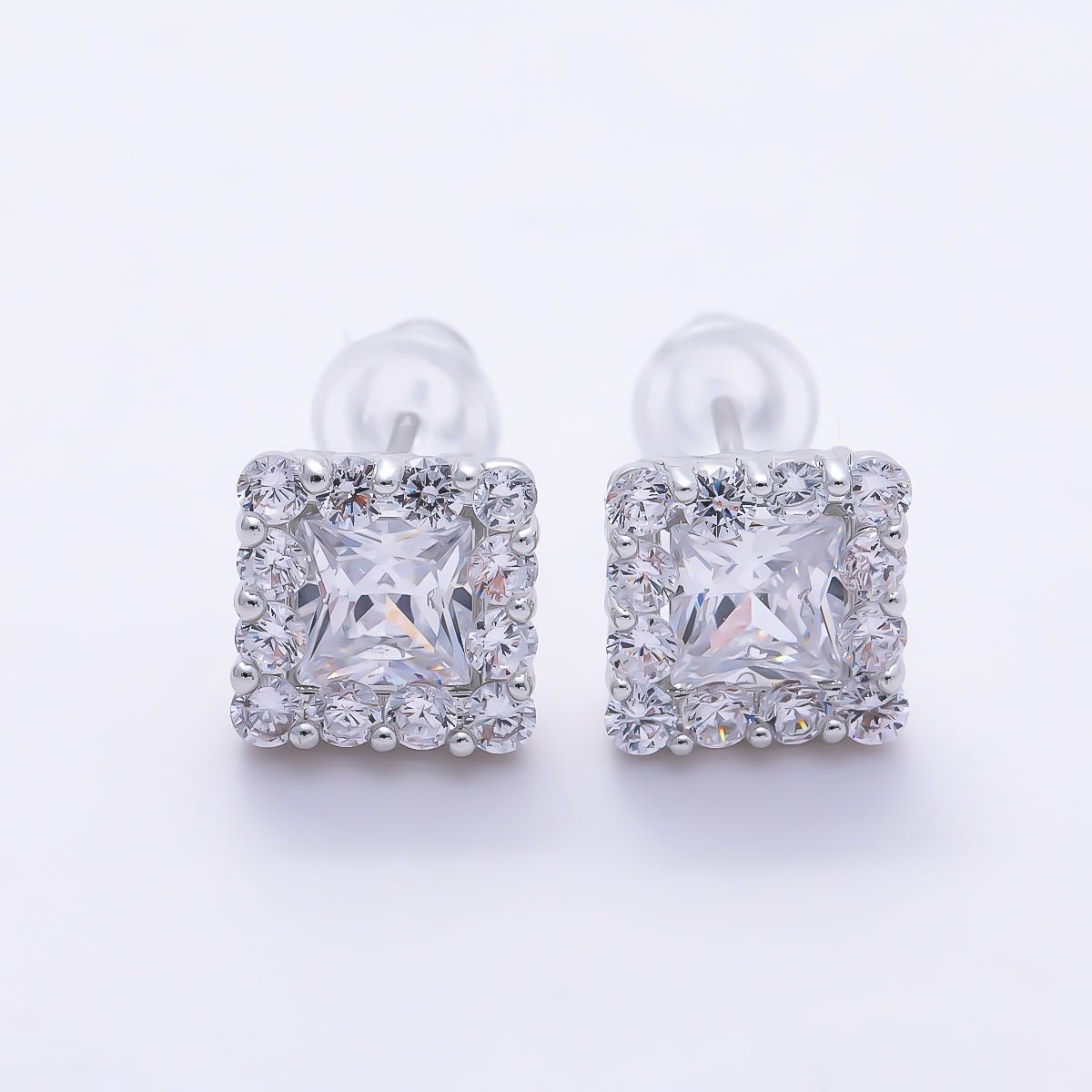 16K Gold Filled 9mm Square Baguette Micro Paved CZ Stud in Gold & Silver | Earrings-00777 Earrings-00778 - DLUXCA