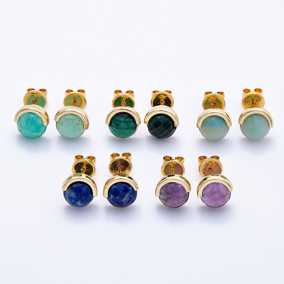 16K Gold Filled Aquamarine, Lapis Lazuli, Amethyst, Amazonite, Aventurine Natural Gemstone Round Molten Studs | Earrings - 00211 ~ Earrings - 00215 - DLUXCA
