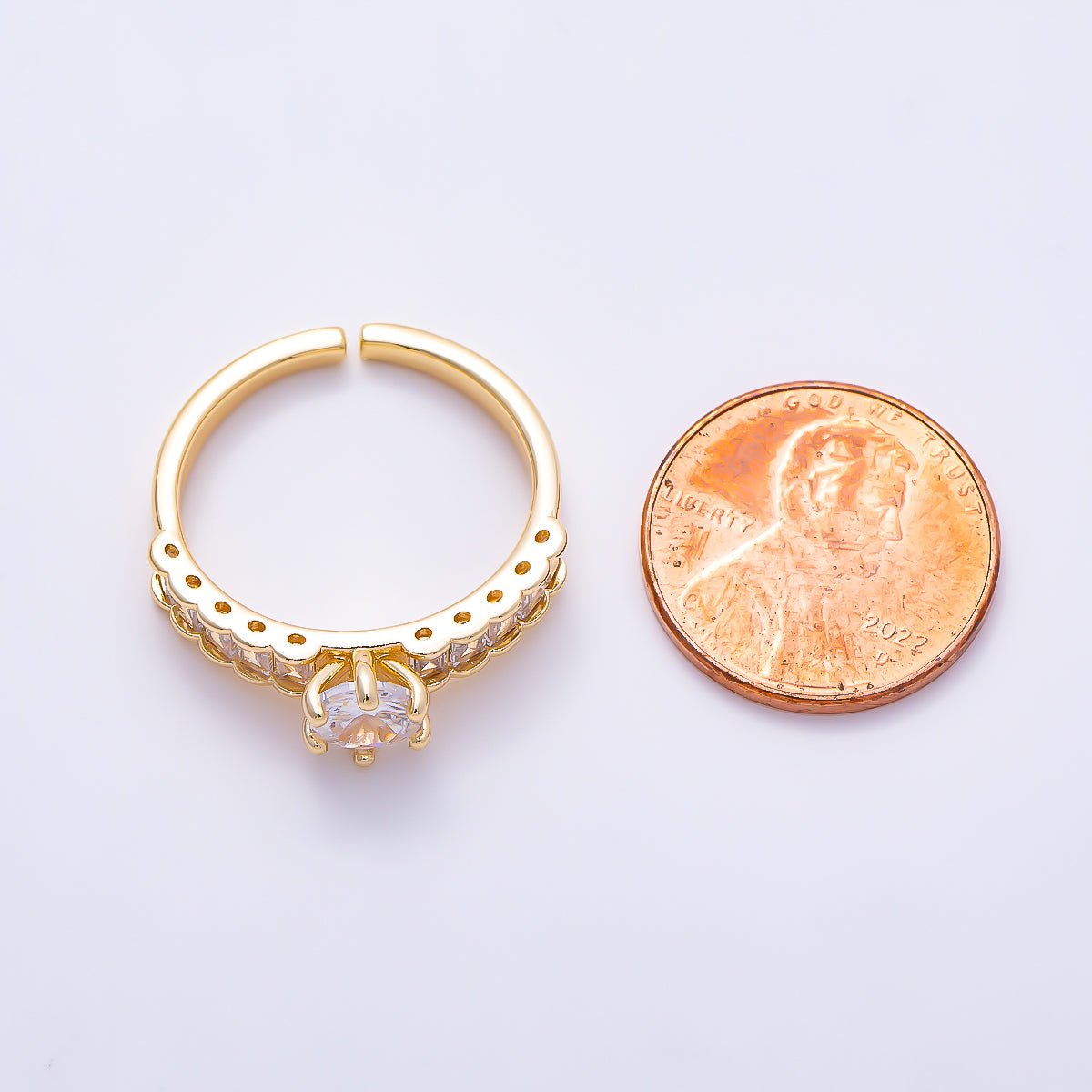 16K Gold Filled Baguette CZ Solitaire Round Stone Adjustable Ring | Rings-00376 - DLUXCA