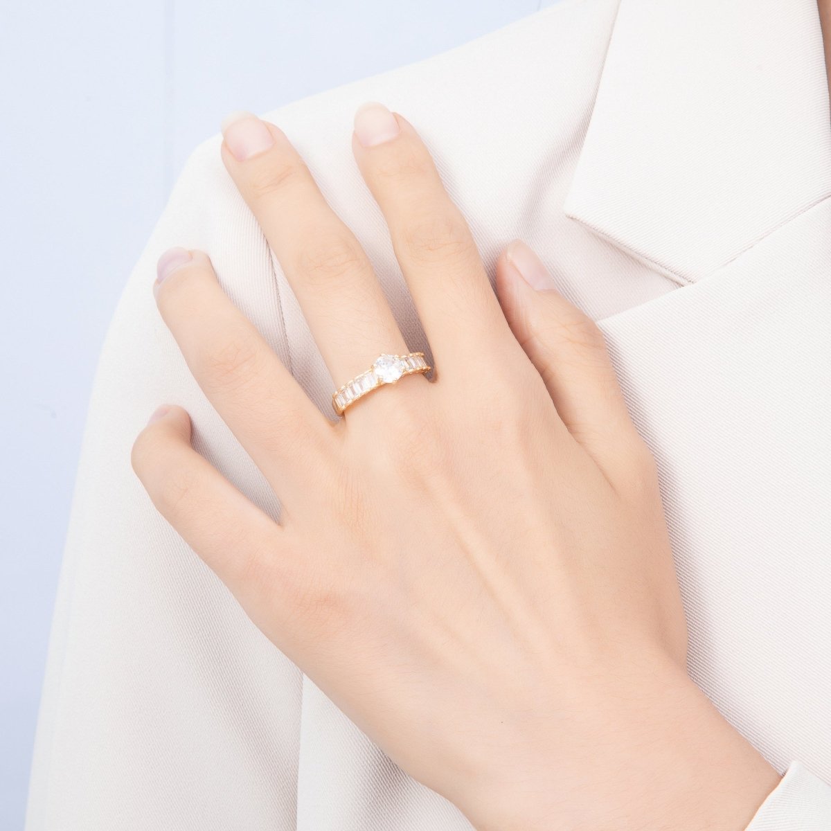 16K Gold Filled Baguette CZ Solitaire Round Stone Adjustable Ring | Rings-00376 - DLUXCA