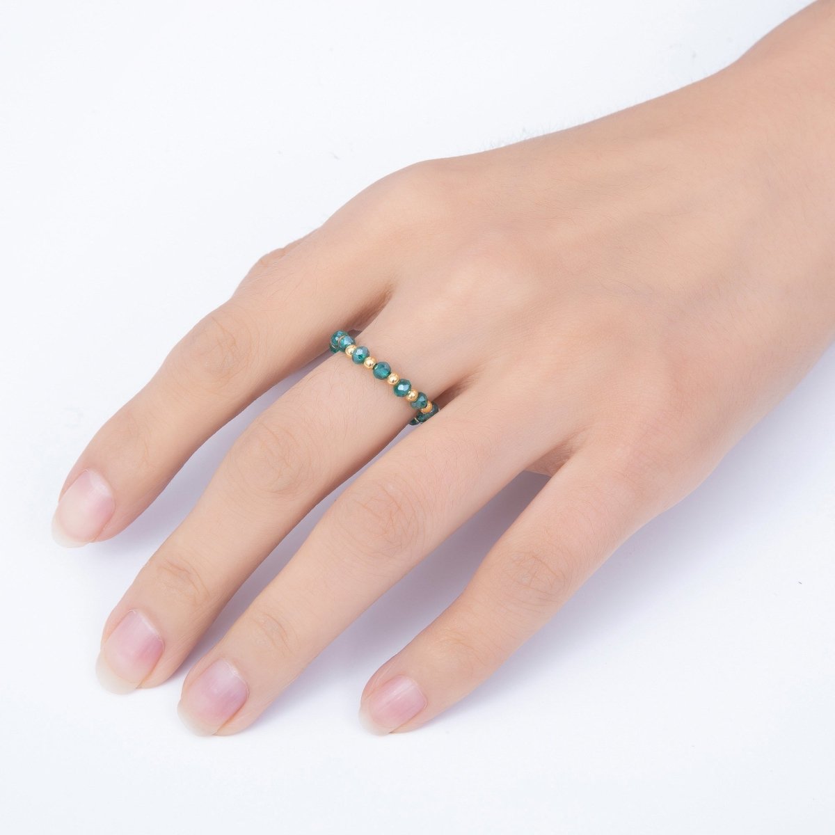 16K Gold Filled Bead Multifaceted Crystal Gemstone Stretch Ring | Rings-003333 ~ Rings-003338 - DLUXCA