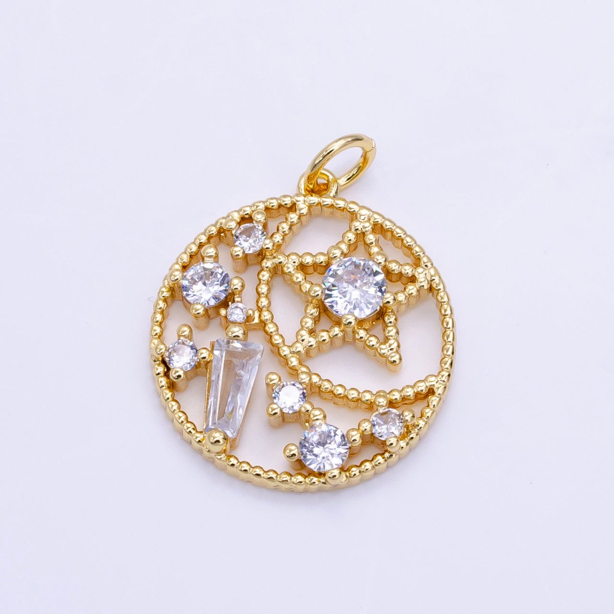 16K Gold Filled Beaded Celestial Star CZ Open Round Charm | D148 - DLUXCA