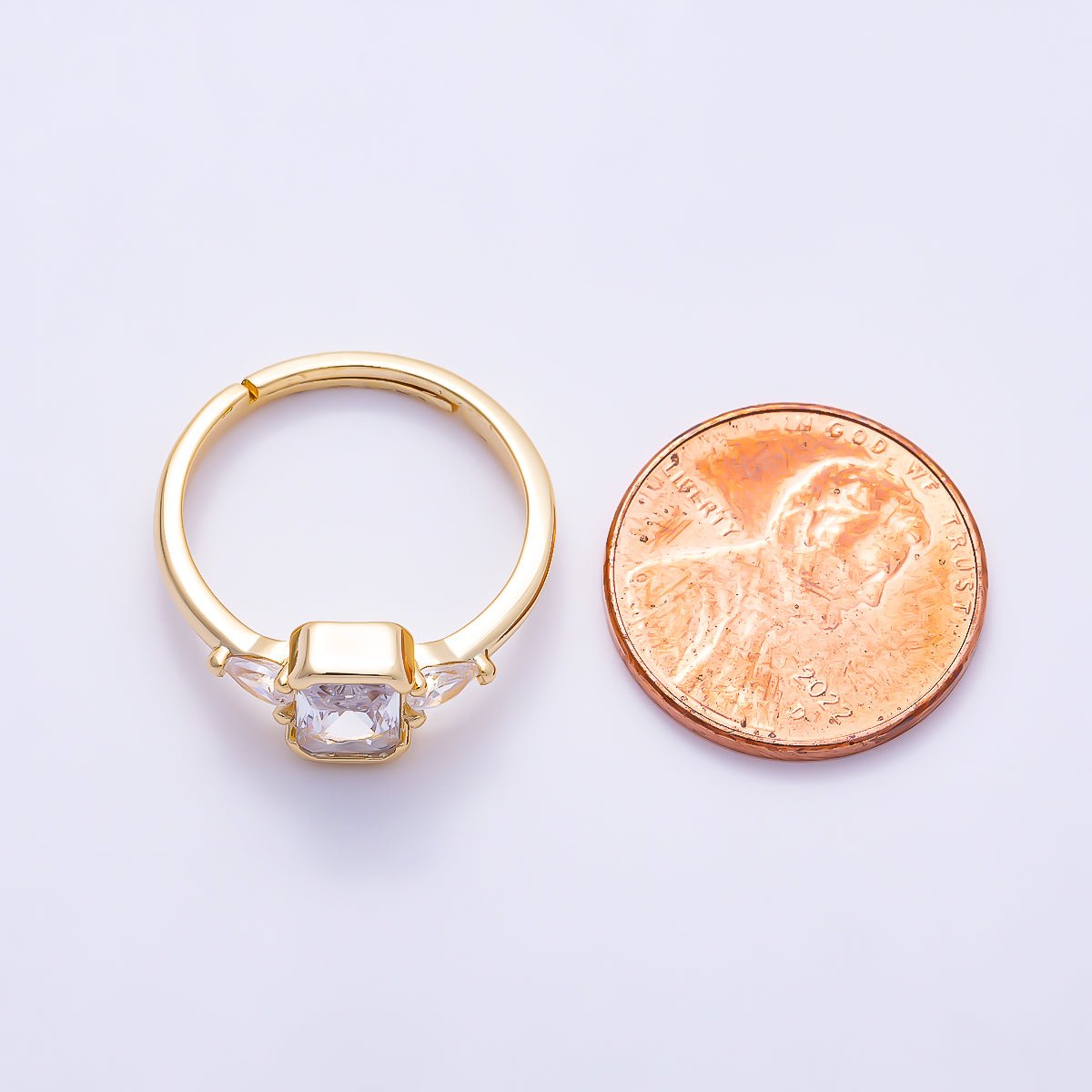 16K Gold Filled Bezel Emerald Cut CZ Three Stone Adjustable Ring | Rings-00376 - DLUXCA