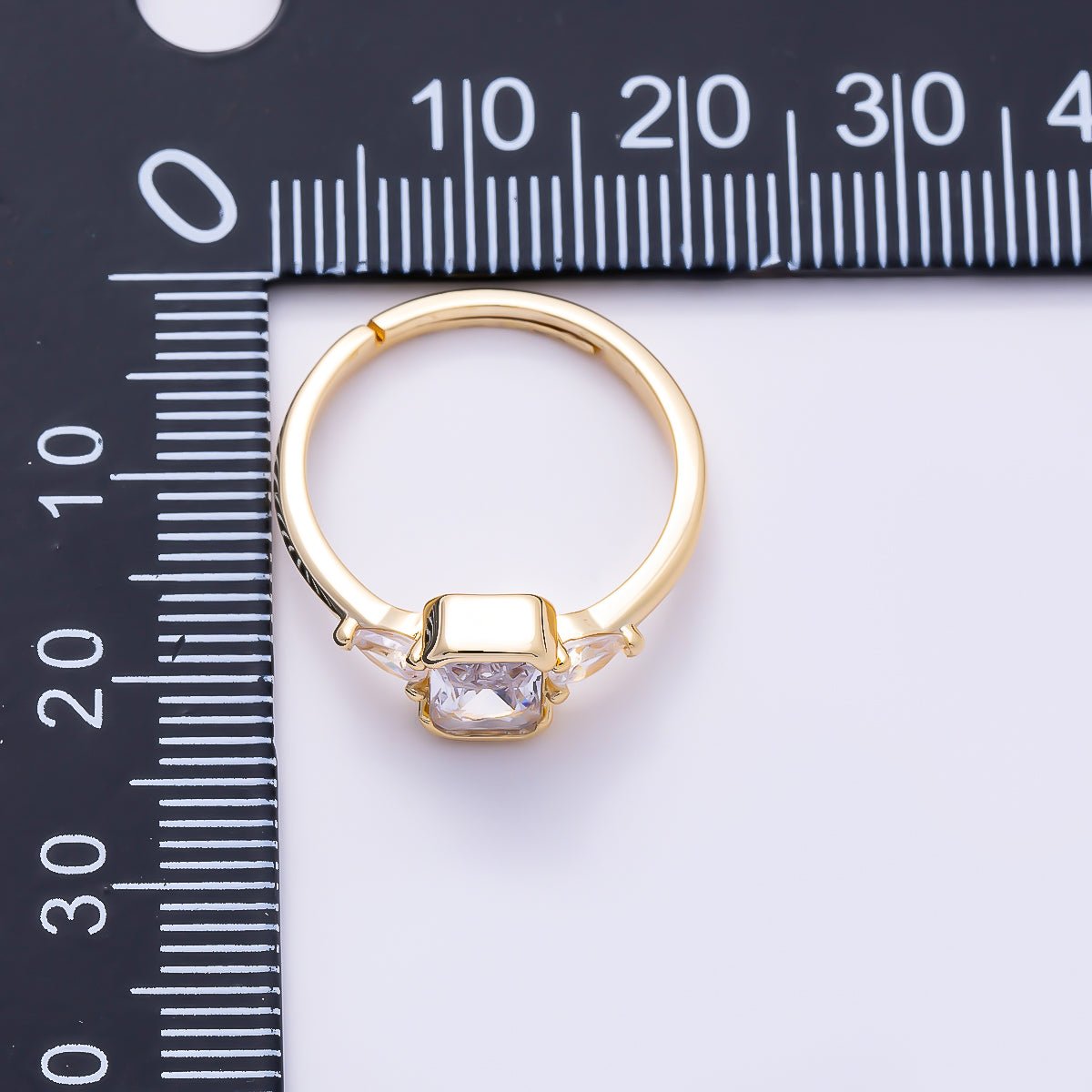16K Gold Filled Bezel Emerald Cut CZ Three Stone Adjustable Ring | Rings-00376 - DLUXCA