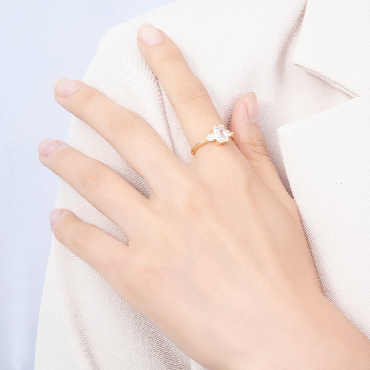16K Gold Filled Bezel Emerald Cut CZ Three Stone Adjustable Ring | Rings-00376 - DLUXCA