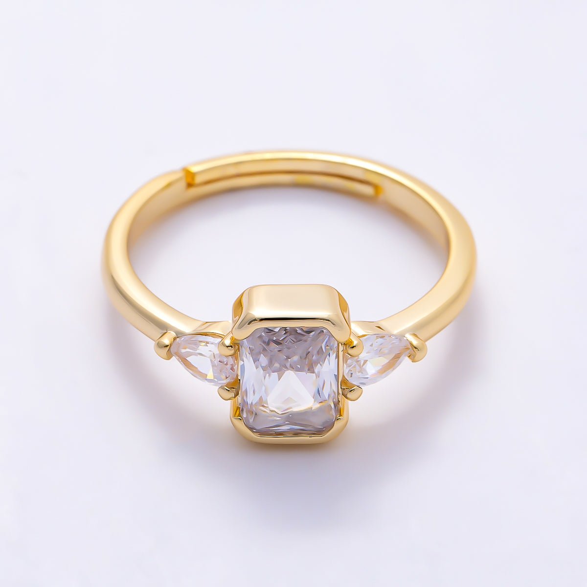 16K Gold Filled Bezel Emerald Cut CZ Three Stone Adjustable Ring | Rings-00376 - DLUXCA