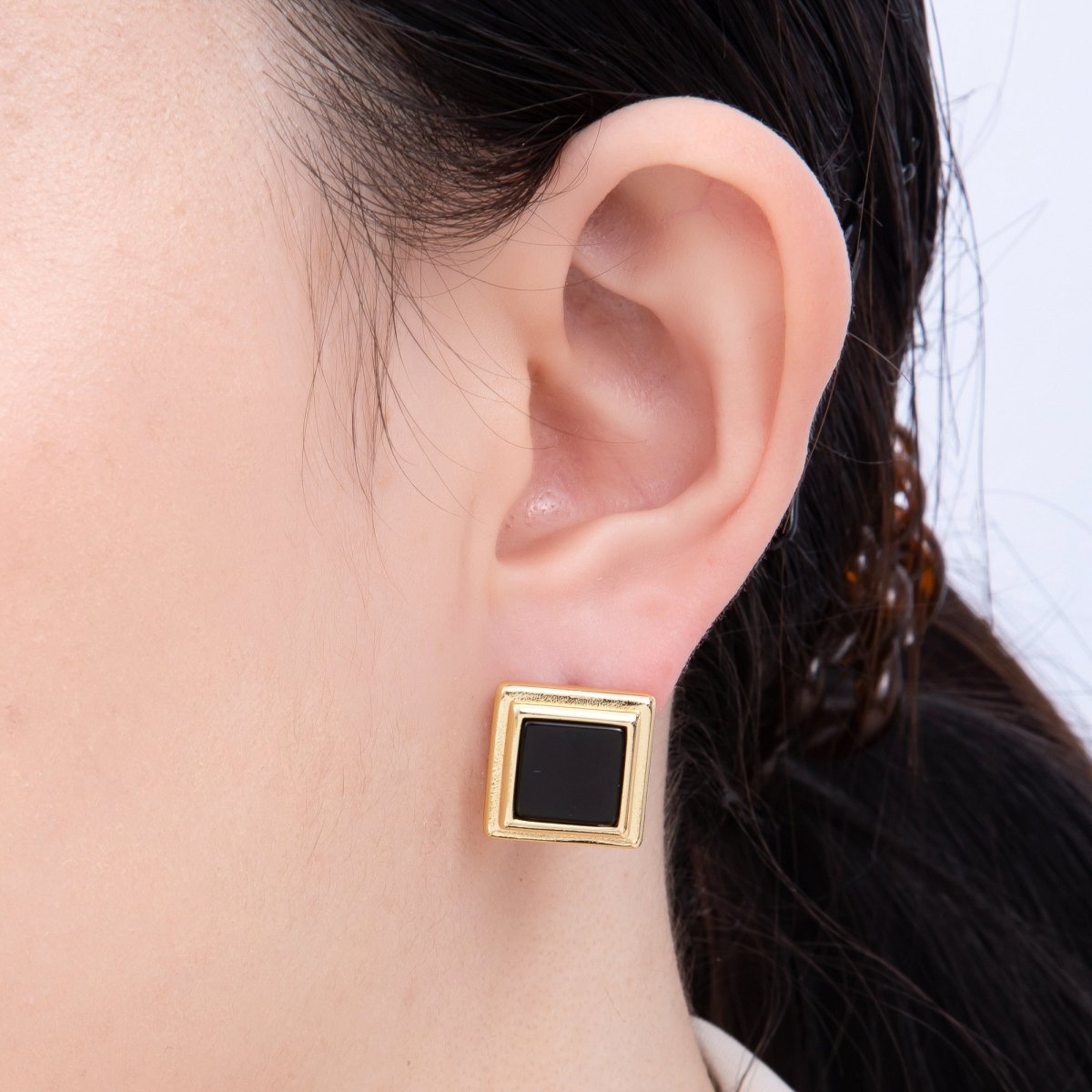 16K Gold Filled Black Bezel Square Stud Earrings | Earrings - 00262 - DLUXCA