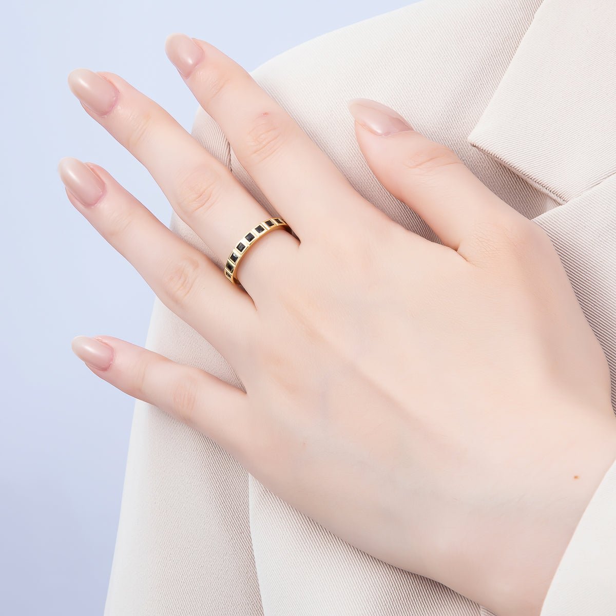16K Gold Filled Black, Clear, Blue, Green, Fuchsia Baguette-Lined Ring | Rings-00125 ~ Rings-00129 - DLUXCA
