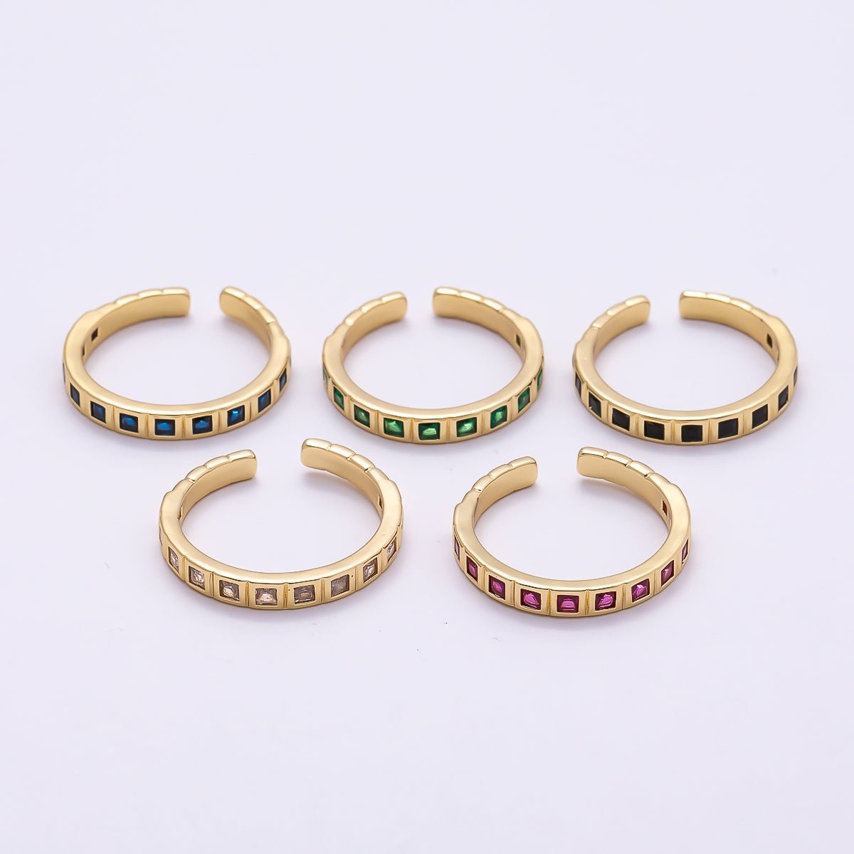 16K Gold Filled Black, Clear, Blue, Green, Fuchsia Baguette-Lined Ring | Rings-00125 ~ Rings-00129 - DLUXCA