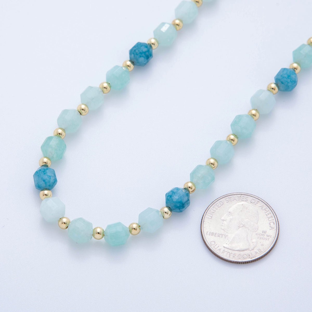 16K Gold Filled Blue Aquamarine Multifaceted Gemstone Bead 17.5 Inch Handmade Necklace | WA - 332 - DLUXCA