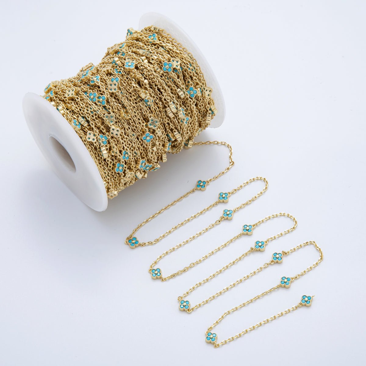 16K Gold Filled Blue Turquoise Flower Cable Unfinished Chain by Yard | Roll - 1618 - DLUXCA