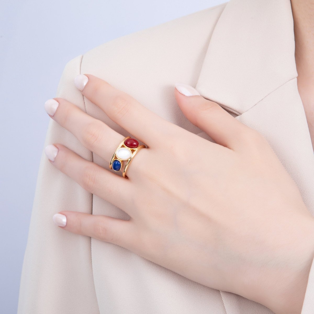 16K Gold Filled Cabochon Natural Gemstone Double Band Ring | RINGS - 00062 - DLUXCA