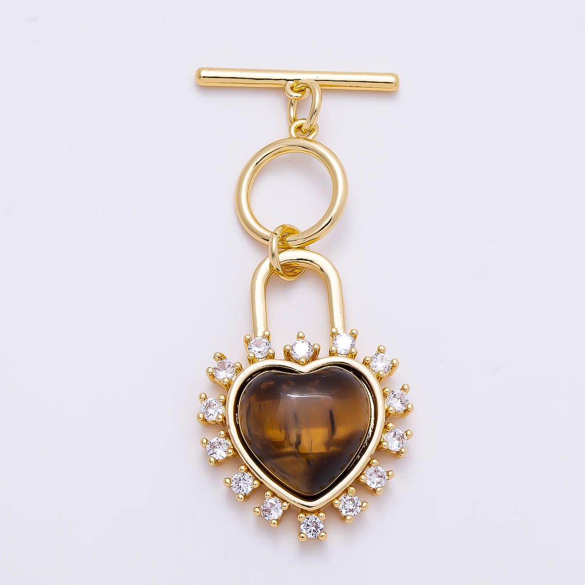 16K Gold Filled Cats Eye, Tiger Eye CZ Heart Padlock Toggle Clasps Closure | Findings-00415 Findings-00416 - DLUXCA