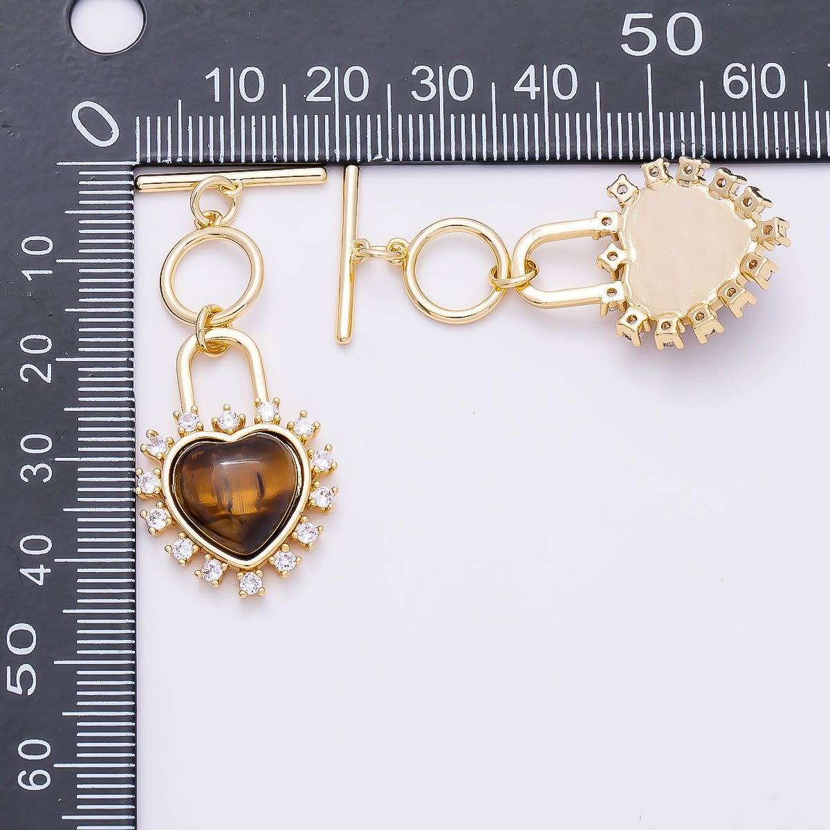 16K Gold Filled Cats Eye, Tiger Eye CZ Heart Padlock Toggle Clasps Closure | Findings-00415 Findings-00416 - DLUXCA