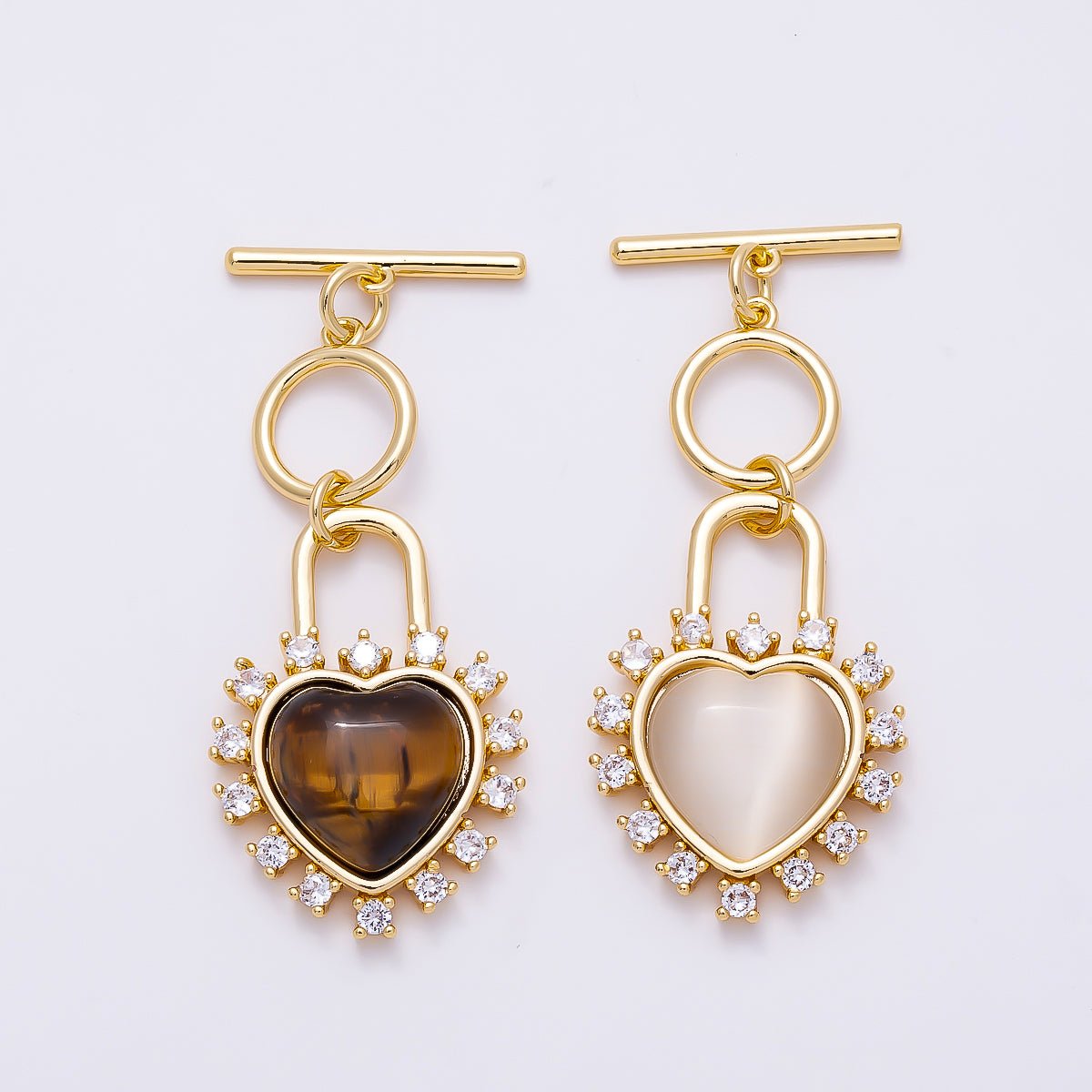16K Gold Filled Cats Eye, Tiger Eye CZ Heart Padlock Toggle Clasps Closure | Findings-00415 Findings-00416 - DLUXCA