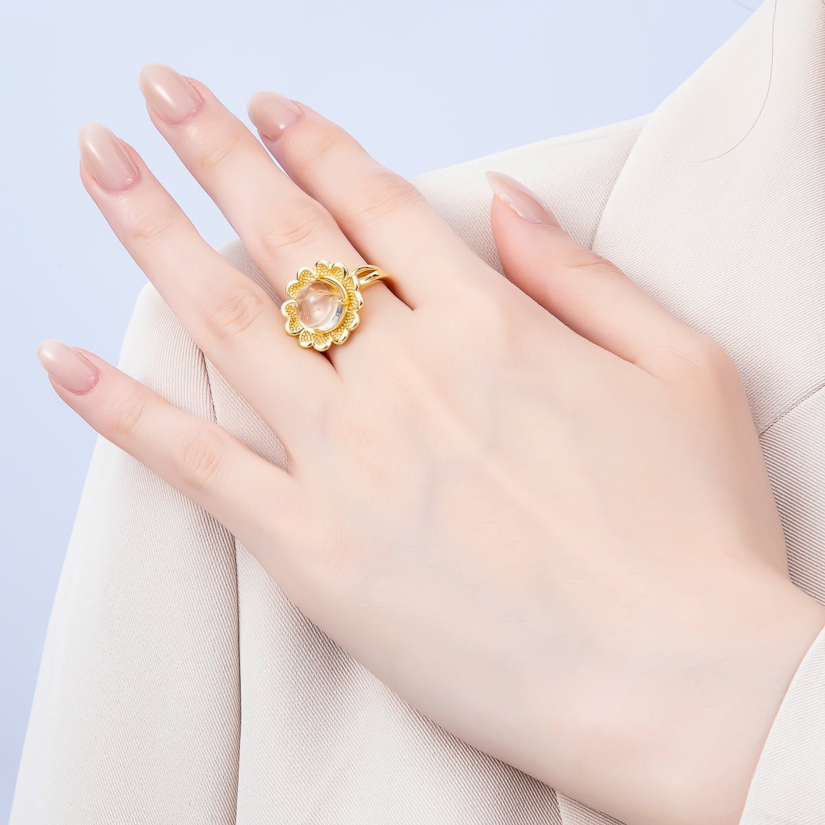 16K Gold Filled Citrine, Carnelian, Amethyst Cabochon Gemstone Flower Ring | RINGS - 00088 ~ RINGS - 00090 - DLUXCA