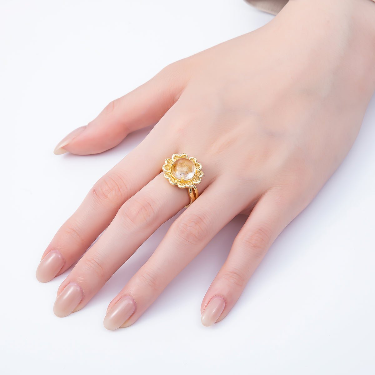 16K Gold Filled Citrine, Carnelian, Amethyst Cabochon Gemstone Flower Ring | RINGS - 00088 ~ RINGS - 00090 - DLUXCA