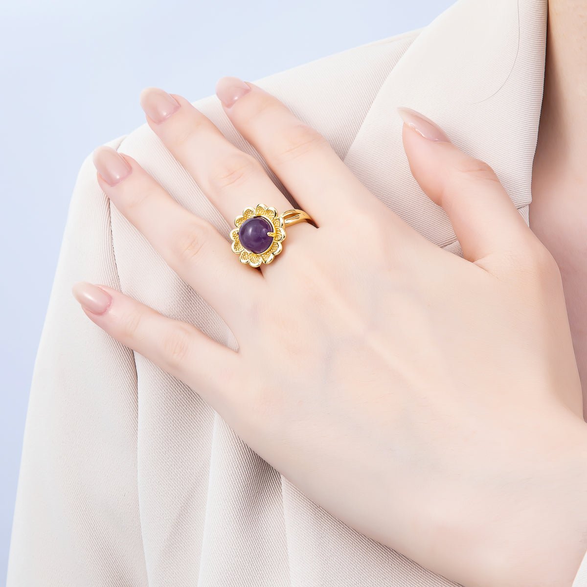 16K Gold Filled Citrine, Carnelian, Amethyst Cabochon Gemstone Flower Ring | RINGS - 00088 ~ RINGS - 00090 - DLUXCA