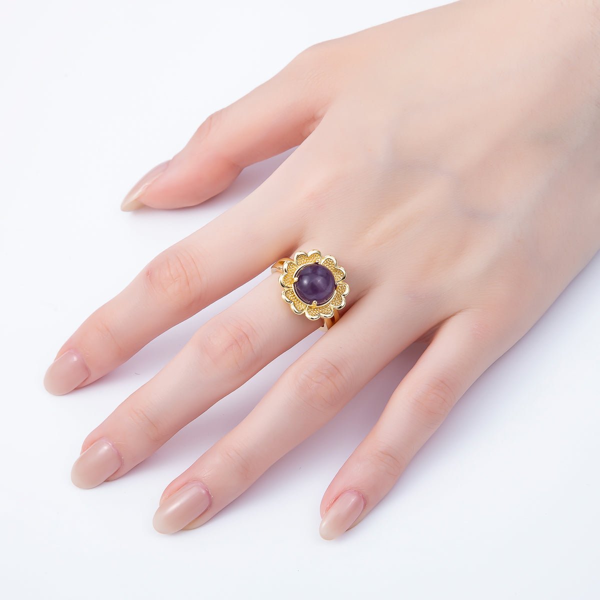 16K Gold Filled Citrine, Carnelian, Amethyst Cabochon Gemstone Flower Ring | RINGS - 00088 ~ RINGS - 00090 - DLUXCA