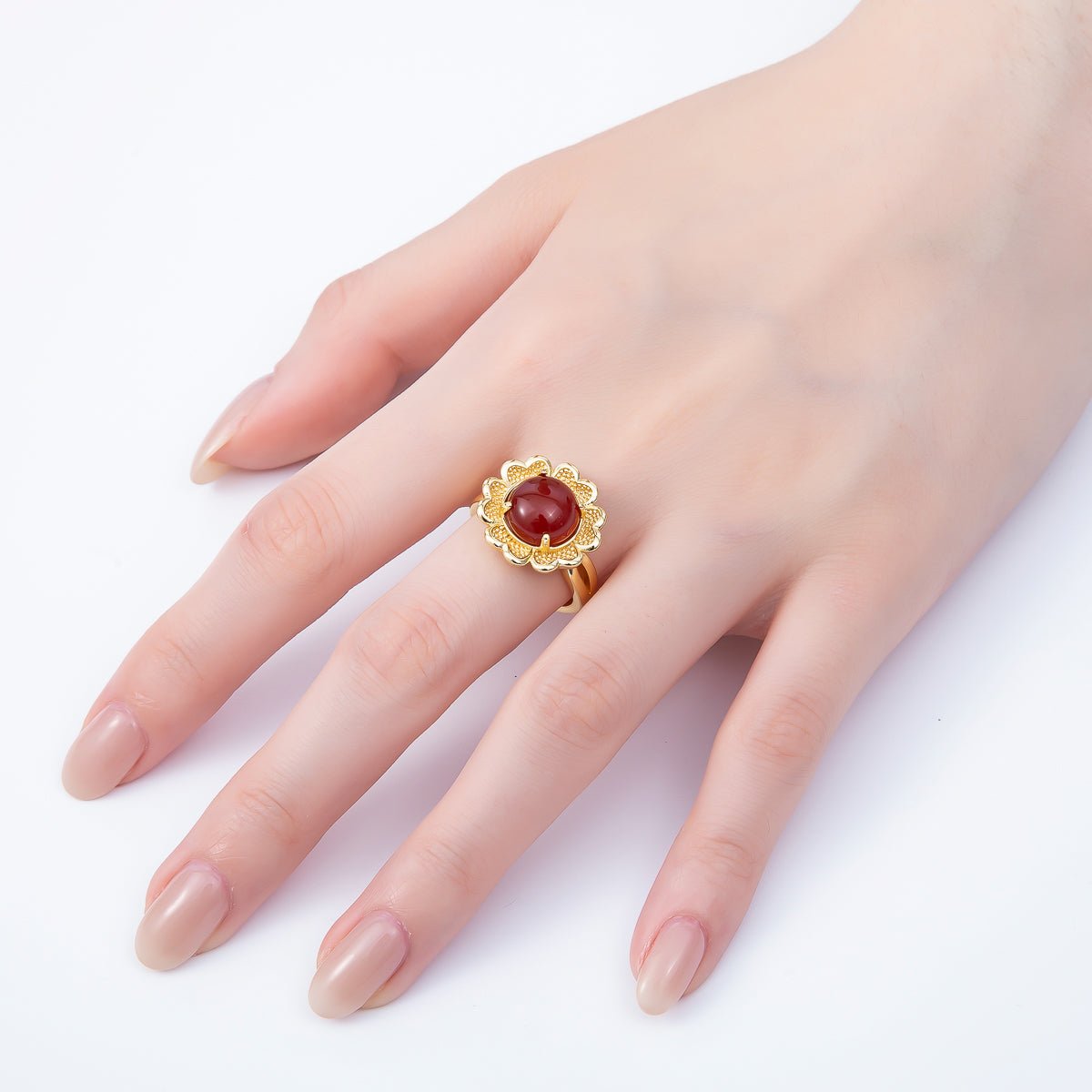 16K Gold Filled Citrine, Carnelian, Amethyst Cabochon Gemstone Flower Ring | RINGS - 00088 ~ RINGS - 00090 - DLUXCA