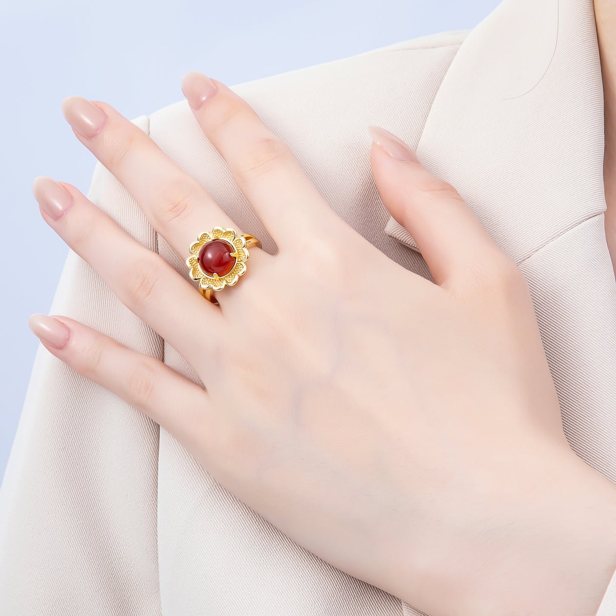 16K Gold Filled Citrine, Carnelian, Amethyst Cabochon Gemstone Flower Ring | RINGS - 00088 ~ RINGS - 00090 - DLUXCA
