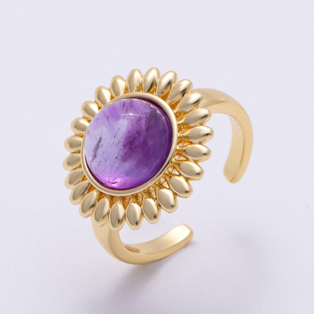 16K Gold Filled Citrine, Carnelian, Aquamarine, Amethyst Round Cabochon Gemstone Flower Ring | RINGS - 00083 ~ RINGS - 00086 - DLUXCA