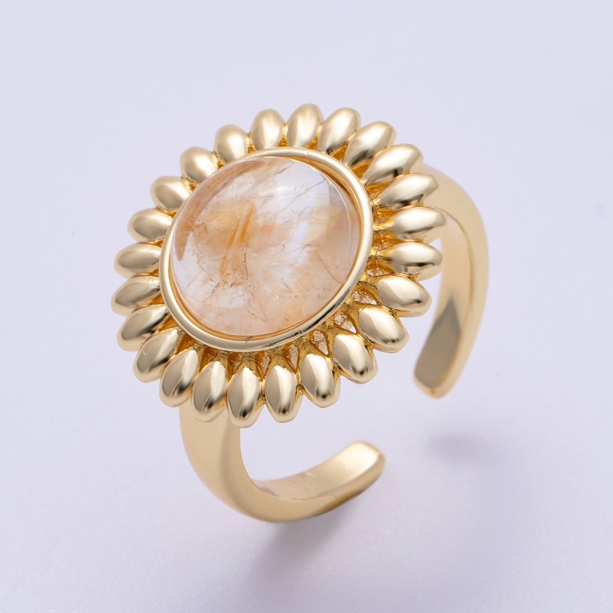 16K Gold Filled Citrine, Carnelian, Aquamarine, Amethyst Round Cabochon Gemstone Flower Ring | RINGS - 00083 ~ RINGS - 00086 - DLUXCA