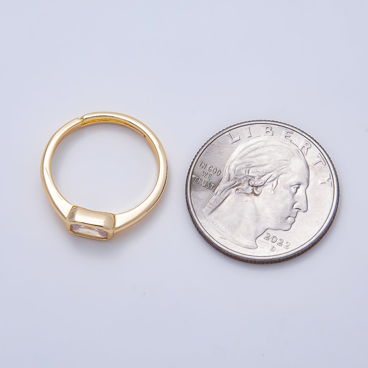 16K Gold Filled Clear Baguette CZ Bezel Solitaire Adjustable Ring in Gold & Silver | Rings-00145 Rings-00146 - DLUXCA