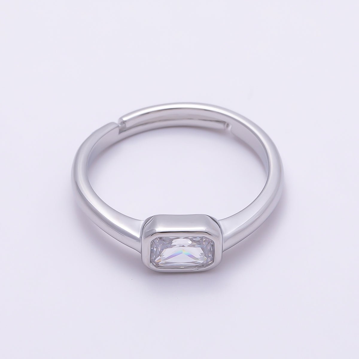 16K Gold Filled Clear Baguette CZ Bezel Solitaire Adjustable Ring in Gold & Silver | Rings-00145 Rings-00146 - DLUXCA