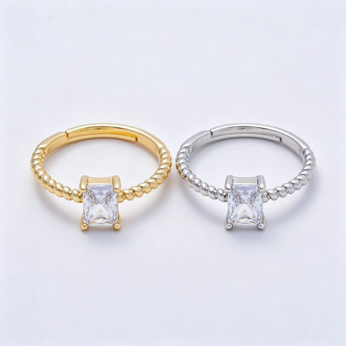 16K Gold Filled Clear Baguette CZ Croissant Adjustable Ring in Gold & Silver | Rings-00143 Rings-00144 - DLUXCA