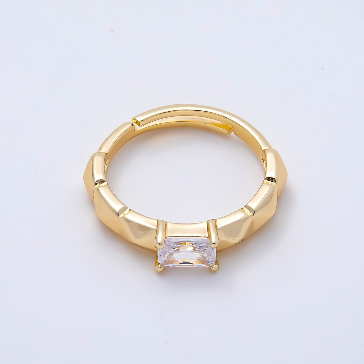 16K Gold Filled Clear Baguette CZ Edge Multifaceted Band Solitaire Ring in Gold & Silver | Rings-00149 Rings-00150 - DLUXCA