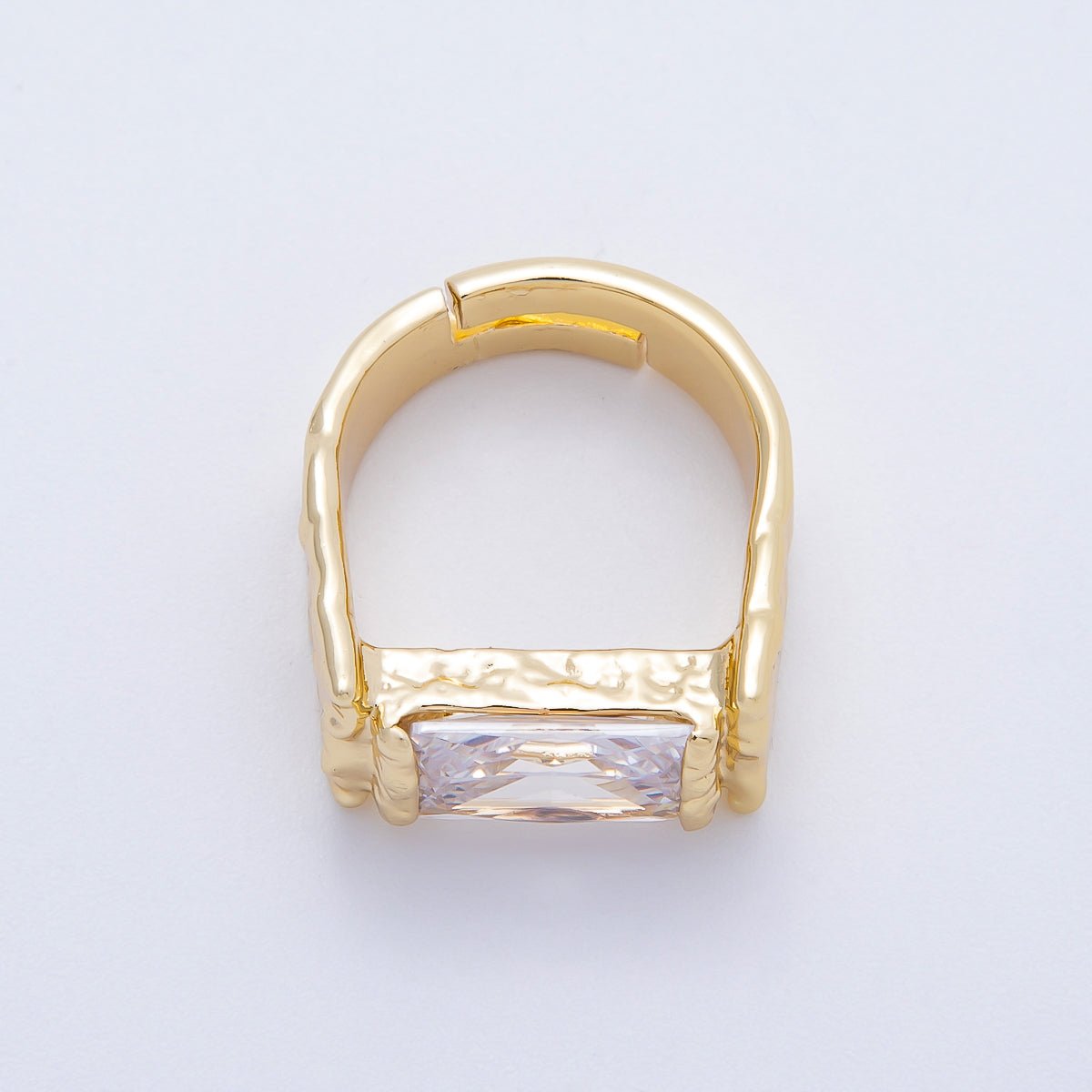 16K Gold Filled Clear Baguette CZ Molten Solitaire Adjustable Ring | Rings - 00087 - DLUXCA