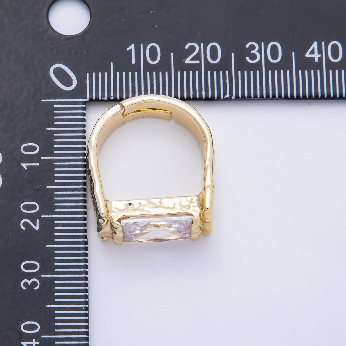 16K Gold Filled Clear Baguette CZ Molten Solitaire Adjustable Ring | Rings - 00087 - DLUXCA