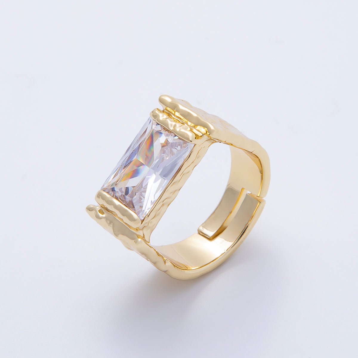 16K Gold Filled Clear Baguette CZ Molten Solitaire Adjustable Ring | Rings - 00087 - DLUXCA
