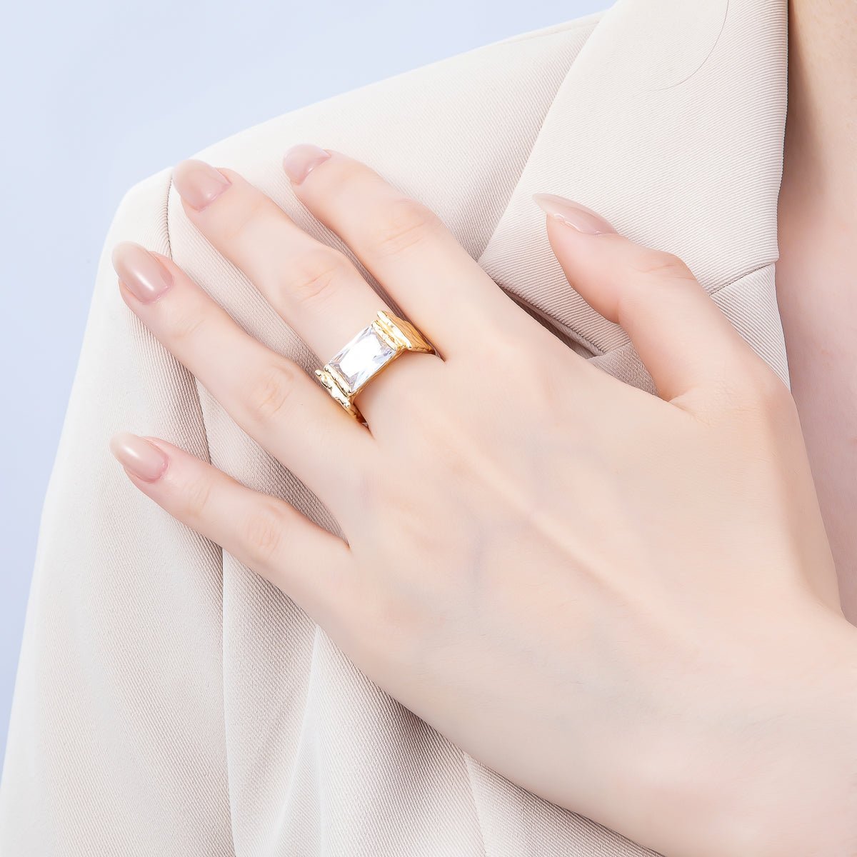16K Gold Filled Clear Baguette CZ Molten Solitaire Adjustable Ring | Rings - 00087 - DLUXCA
