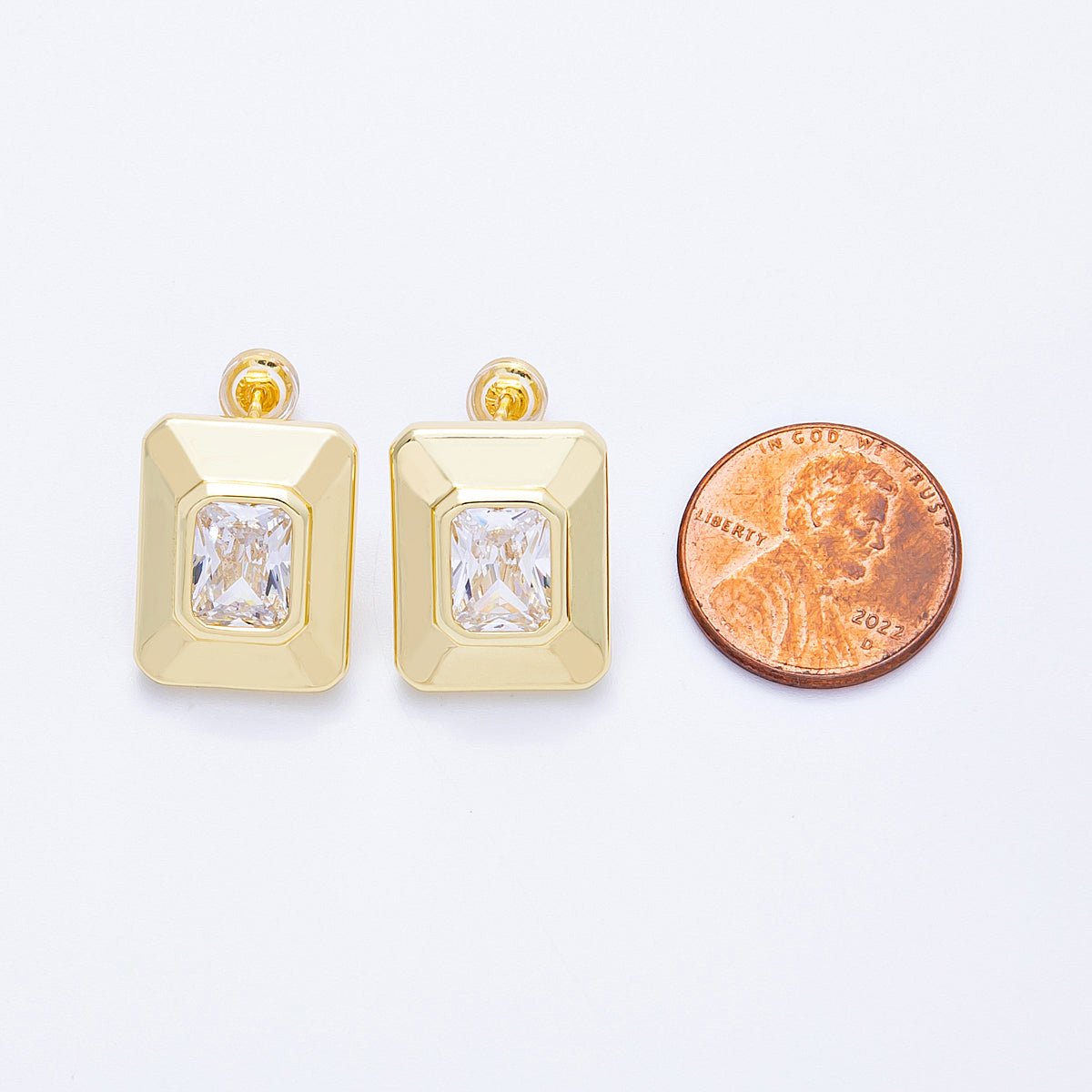 16K Gold Filled Clear Baguette CZ Rectangle Bezel Stud Earrings | EARRINGS - 00163 - DLUXCA