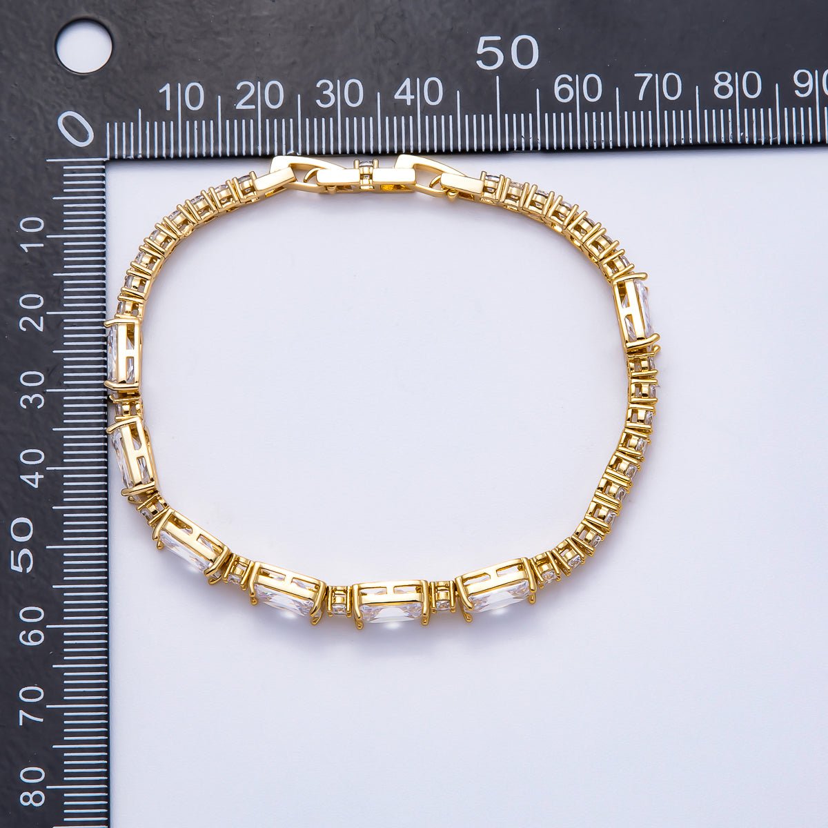 16K Gold Filled Clear Baguette Round CZ Tennis Chain 7 Inch Adjustable Bracelet | WA - 04335 - DLUXCA