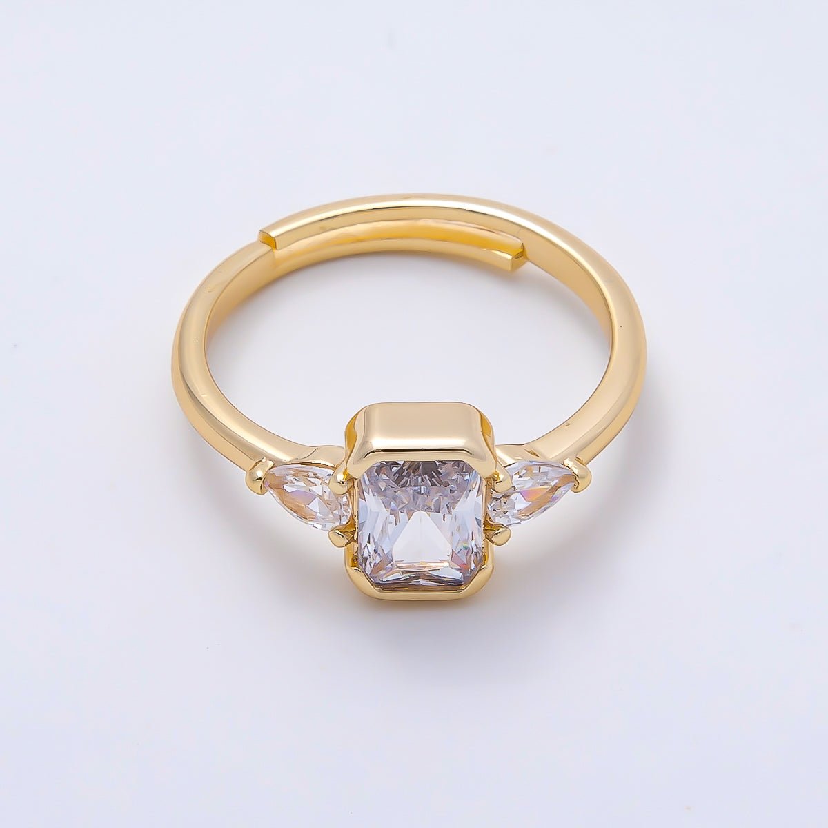 16K Gold Filled Clear Baguette Teardrop CZ Solitaire Adjustable Ring in Gold & Silver | Rings-00155 Rings-00156 - DLUXCA