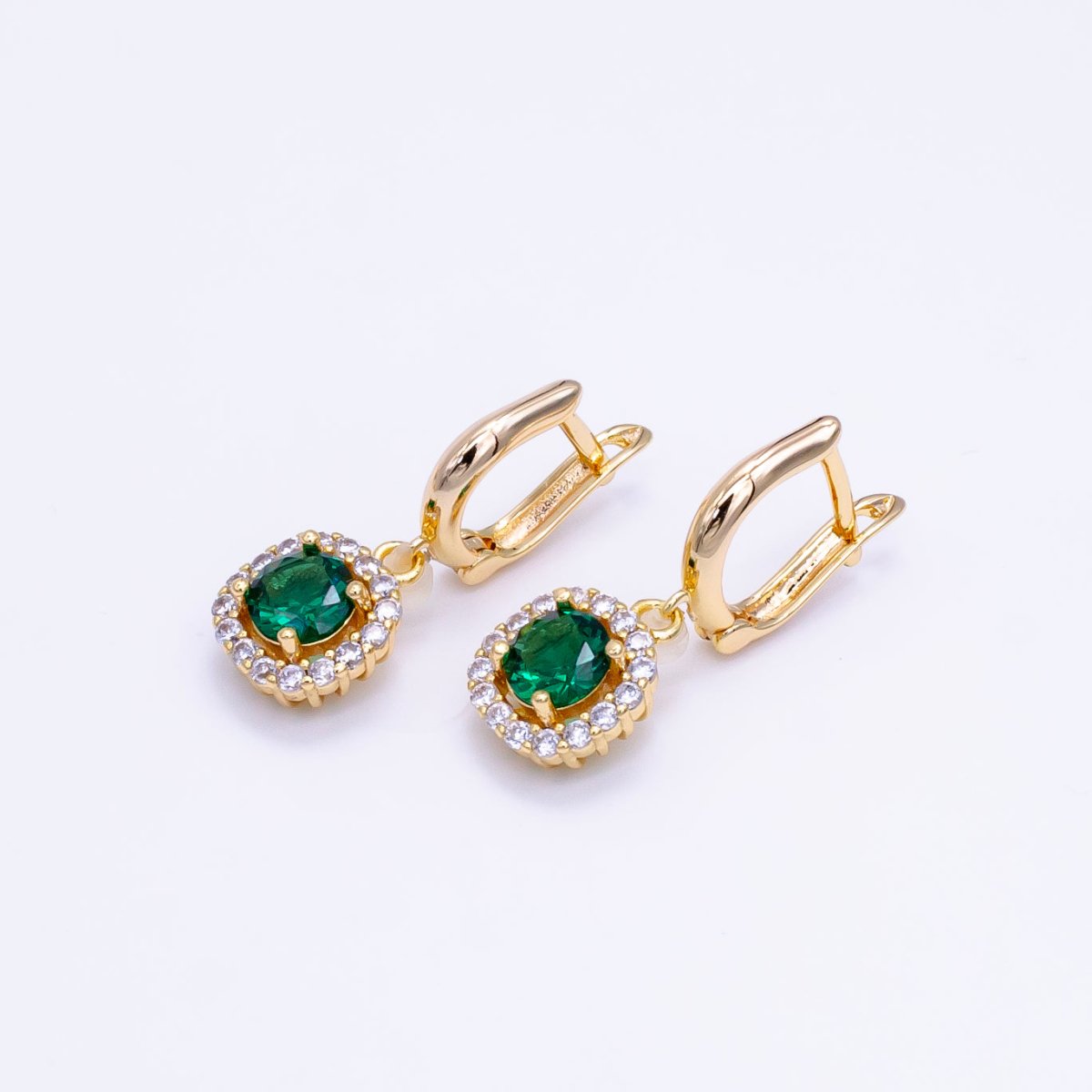 16K Gold Filled Clear, Black, Red, Blue, Green CZ Micro Paved Square Drop English Lock Earrings | AB1156 - AB1158 - DLUXCA