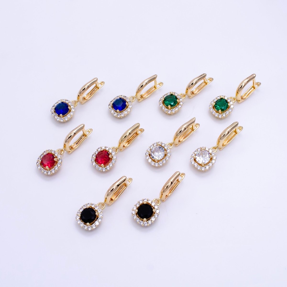 16K Gold Filled Clear, Black, Red, Blue, Green CZ Micro Paved Square Drop English Lock Earrings | AB1156 - AB1158 - DLUXCA
