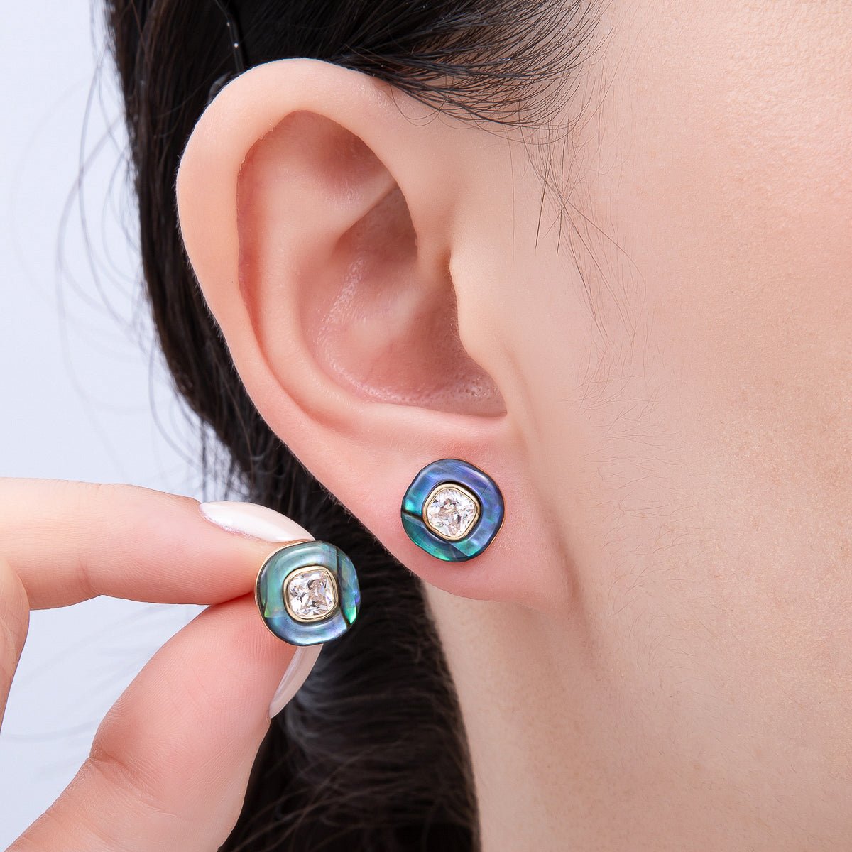 16K Gold Filled Clear CZ Abalone Pearl Double Round Stud Earrings | Earrings - 00303 - DLUXCA