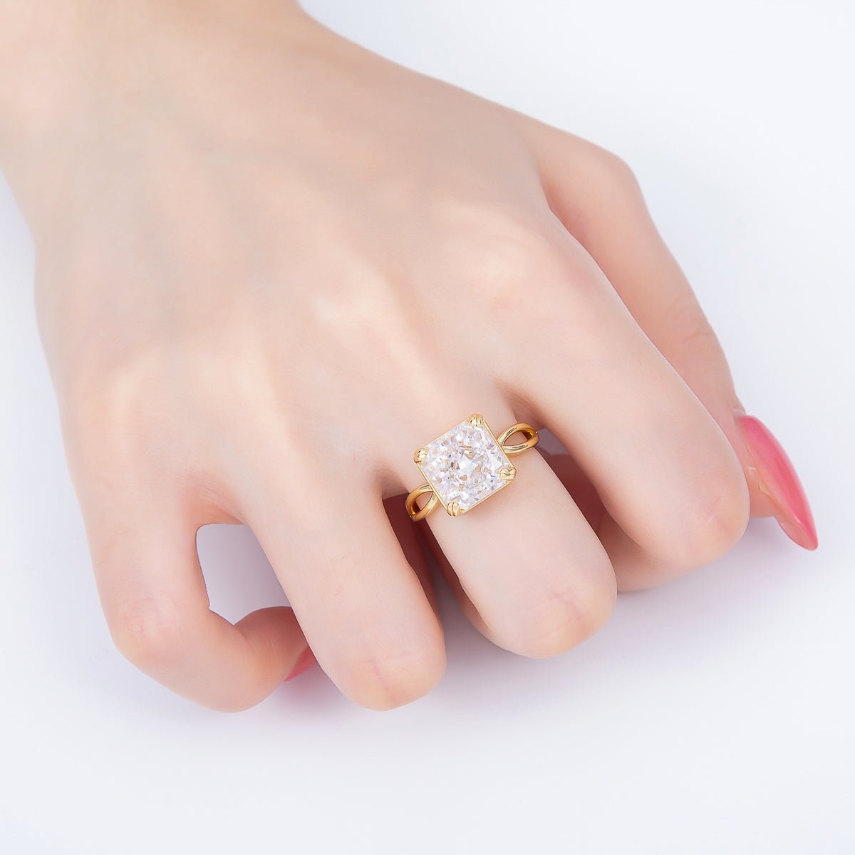 16K Gold Filled Clear CZ Baguette Square Prong Solitaire Ring | Rings-00278 - DLUXCA