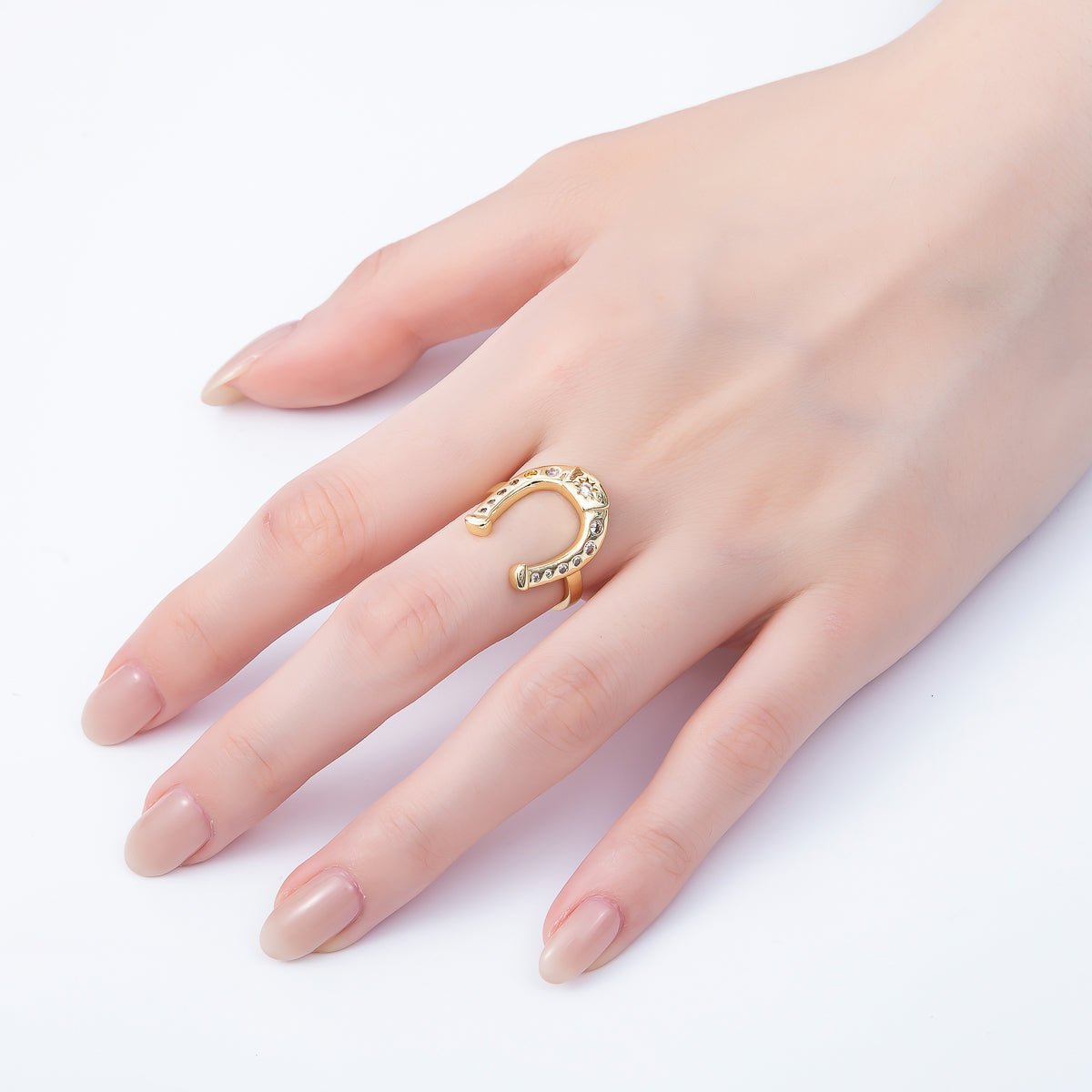 16K Gold Filled Clear CZ Dotted Celestial Sun Horse Shoe Adjustable Ring | Rings - 00073 - DLUXCA